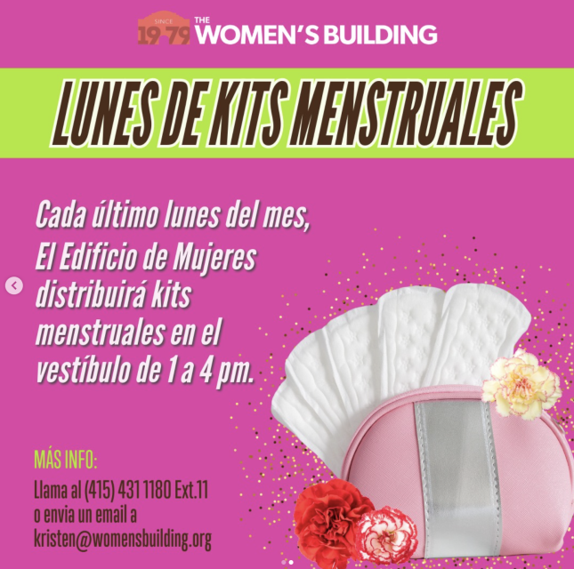 A flyer announcing "lunes de kits menstruales" with event details for menstrual kit distribution at the women's building every last monday of the month.